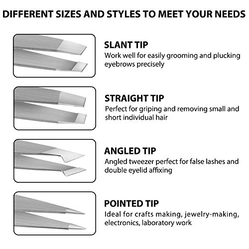 Tweezers Precision for Eyebrows, Terresa 4 Pack Tweezer Set for Ingrown Hair Removal, Professional Brow Remover Tools for Women and Men, Hair Plucking Daily Beauty Tool with Leather Case