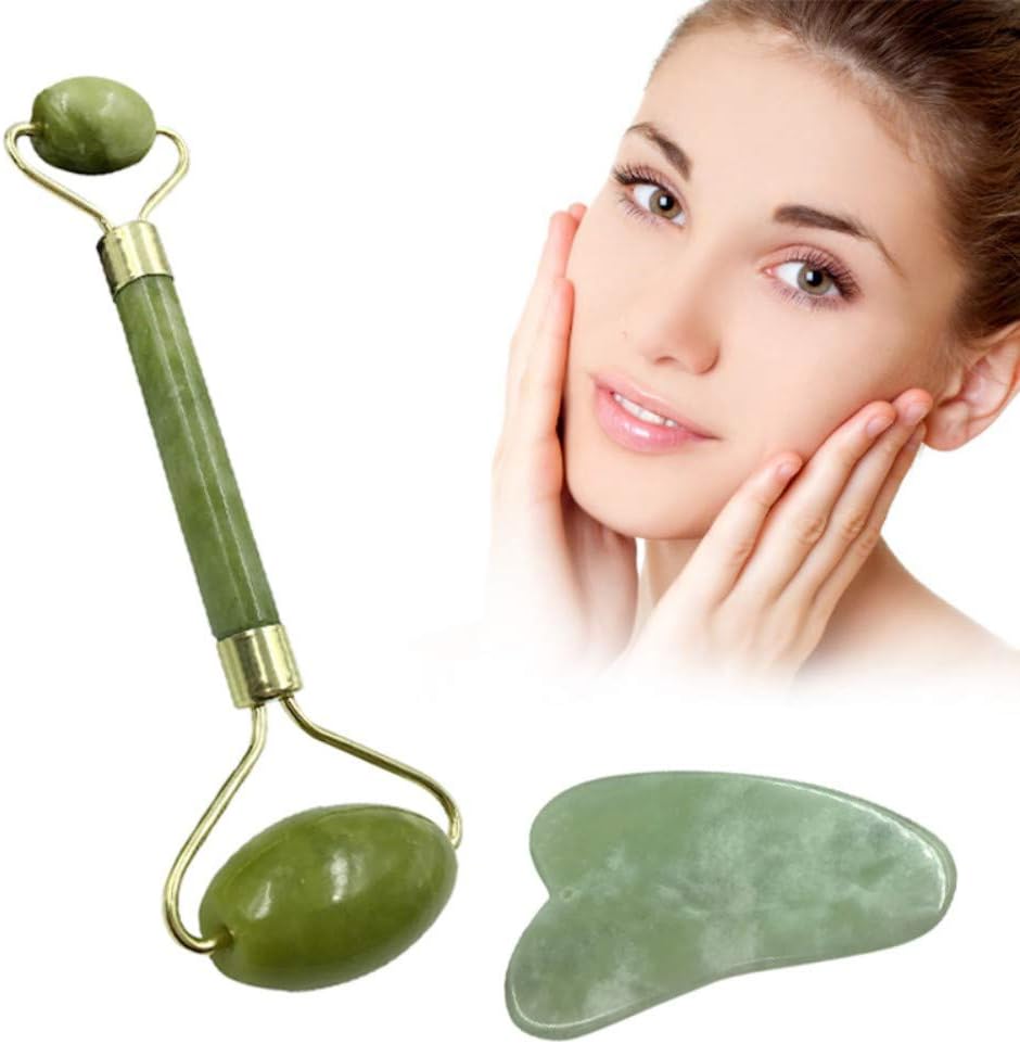 Jade Gua Sha Scraping Massage Tool, Jade Stone and Roller Guasha Tools for Spa Acupuncture Therapy (1 Set Roller+Triangle)