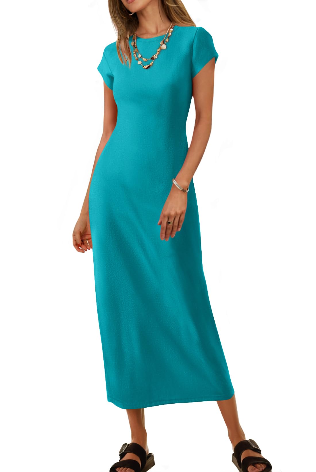 MEROKEETY Women's 2026 Summer Casual Tshirt Dress Short Sleeve Crew Neck Beach Long Maxi Dresses, Teal, M Image