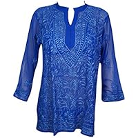 Mogul Interior Kamya Womens Tunic Georgette Chikan Floral Embroidered Boho Chic Indian Kurtis