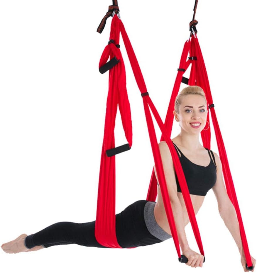 NiSengs Yoga Hammock/Swing, Aerial Yoga Inversion Fitness 6 Handle Household Fitness Hammock Thin Breathable Micro Elasticity Strong Load Bearing Red