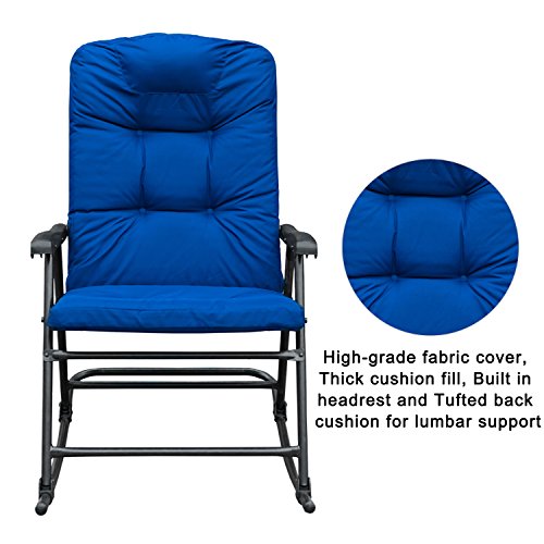 SunLife Outdoor Foldable Modern Rocking Chair Set, Patio/Backyard / Camping Lounge Rockers with Blue Padded Cushions, Set of 2 - Thumbnail 4