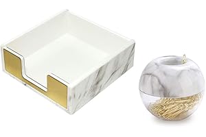 Multibey Sticky Memo Pad Holder Rose Gold Magnetic Paper Clips Holder with 100 pcs Paper Clips, Clear Acrylic Stationery Set Desk Organizer for School Office (Marble White)