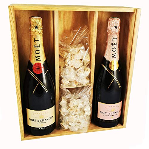 Champagner Moet & Chandon - Imperial Brut/Rosé & 2 * 150 Gramm Haselnuss-Nougadets - Jonquier Deux Frères - In Holzkiste