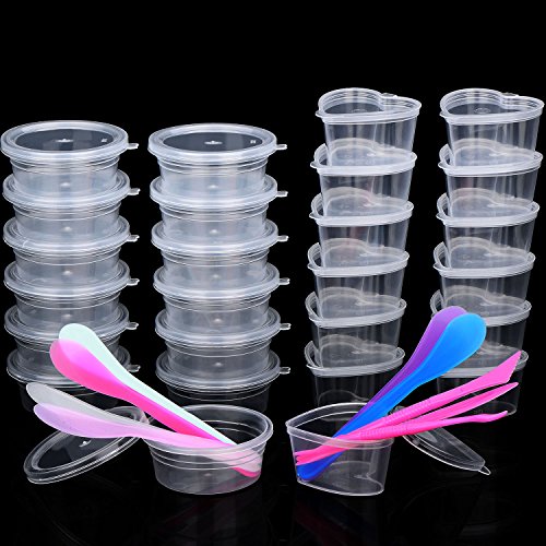 Bememo 26 Pieces Slime Container Plastic Storage Box with Lid and 3 Pieces Slime Tools 6 Pieces Mixing Spoons for Slime DIY Art Craft