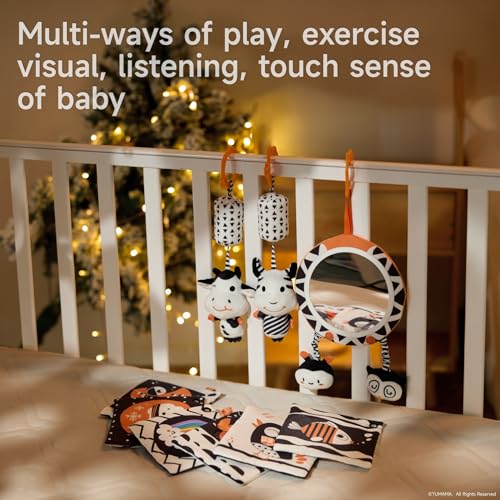 TUMAMA Black and White Baby Toys, High Contrast Tummy Time, Newborn Soft Books Mirror Rattles, Montessori Sensory 0-12 Months, Hanging Infant for Carseat Stroller Play Mat Crib