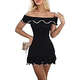 Naileksi Women Sexy Off Shoulder Ruffle Hem Knit Mini Dress Short Sleeve A-Line Contrast Binding Party Club Short Dress