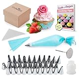 Cake Decoration Tips by Growses - Cake Supplies Nozzles Set with 33pcs Professional Stainless Steel Icing Tips, 1 Reusable Couplers, 1 Flower Nail, 10 Disposable Pastry Bag & 1 Reusable Pastry Bag.