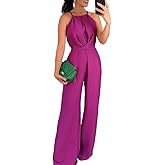 CHICME Women's Sexy Halter Jumpsuits Sleeveless Casual Ruched Rompers Wide Leg Jumpsuit