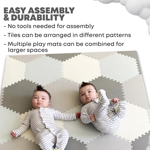 Baby Play Mat - Non-Toxic Extra-Thick Kid's Puzzle Exercise Activity Mat - Soft EVA Foam Interlocking Hexagon Floor Tiles, Grey & White, 48” x 72”