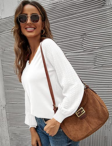 IECCP Women\'s V Neck Balloon Long Sleeve Knit Pullover Lace Patchwork Comfy Knit Blouse Sweater Tops Loose T Shirts