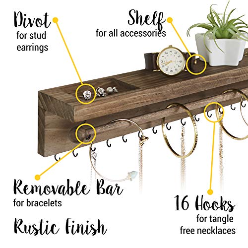 SoCal Buttercup Rustic Jewelry Organizer Wall Mounted - Hanging Necklace Holder - Wall Mounted Jewelry Hanger - Farmhouse Wood Jewelry Display - Storage for Necklaces, Bracelets, and Stud Earrings