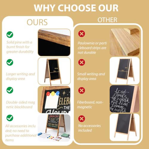 Double-Sided A-Frame Chalkboard Sign 40x20, Magnetic Sidewalk Sign with Solid Pine Wood Frame, Large Chalkboard Easel Menu Board for Restaurants, Cafes, Weddings & Outdoor Display with Accessories