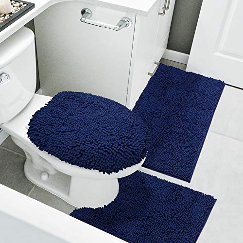 HOMEIDEAS 3 Pieces Navy Blue Bathroom Rugs Set, Ultra Soft Non Slip