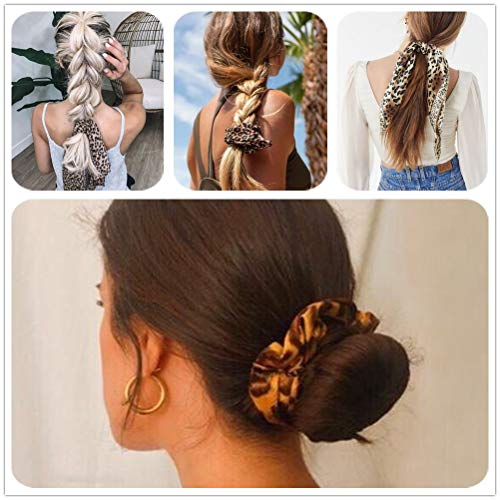 Scarf Scrunchies Women Hair Ties - Satin Silk Hair Scarves Scrunchys Bow Leopard Ribbon Scrunchy with Tails For Thick Hair No Crease Accessories Soft Ropes Ponytail Holder with Designs Long Ponytail H - Thumbnail 2