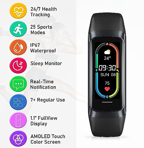 Fitness Tracker with Heart Rate Monitor, Step Counter, Sleep Monitor Calorie Tracking, Activity Tracker with 1.1" AMOLED Touch Color Screen, Waterproof Step Tracker for Android iPhon Women Men, Black