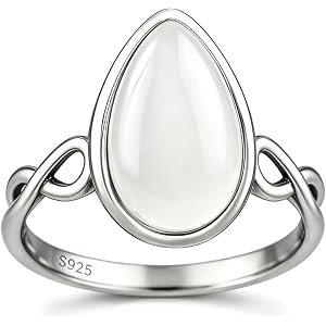 HAIXIAN S925 Sterling Silver Pear-Shaped Jade Ring for Women, Vintage Antiqued Minimalist Infinity Knot Statement Ring, Elega
