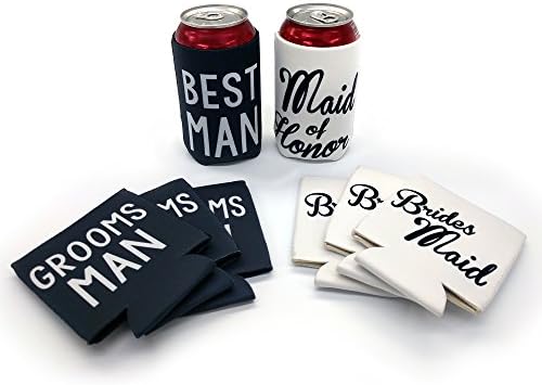 Wedding Party Can and Bottle Coolers, Best Man, Maid of Honor, Groomsman, and Bridesmaid Coolies, (8 Pack)