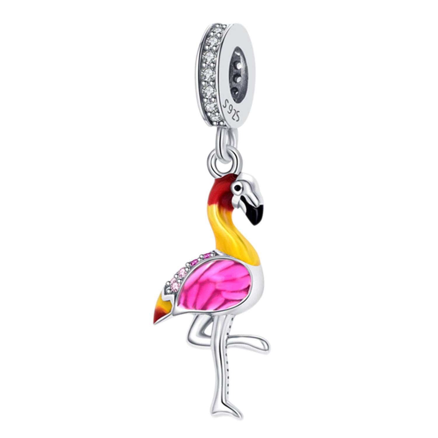 925 Sterling Silver Flamingo Charm Bird Charm Animal Charm Birthday Charm for Pandora Bracelet (Silver)