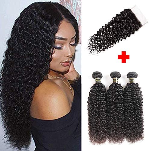 Aodai Hair Brazilian Virgin Curly Hair Weave 3 Bundles with Lace Closure Free Part 4x4 8A 100% Unprocessed Brazilian Kinky Curly Hair Weave Bundles Natural Color (22 24 26+20)