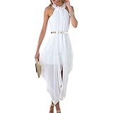 Eastylish Women's Chiffon Halter Turtle-Neck Sleeveless Hi-Low Loose Delicate Gold Belt Beach Party Dress