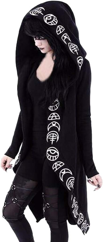 TWGONE Cardigan Jacket Women Plus Size Hooded Coat Long Sleeve Punk Moon Print Black Cloak