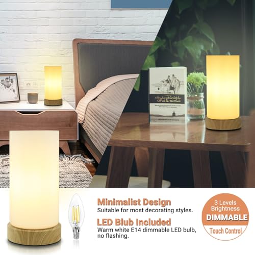 HSLighting Bedside Lamps, Touch Control Glass Table Lamp 3-Way Dimmable Wooden Grained Base Small Touch Lamps Bedside Minimalist Nightstand for Christmas Living Room Bedroom Decor Gift, Include Bulb