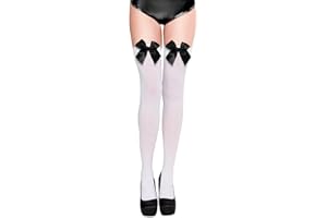 NONSOMPLE Women’s Satin Red Bow Thigh High Stockings White Silk Over Knee Long Socks for Costume