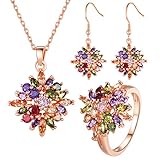BAMOER 18K Rose Gold Plated Multicolor Cubic Zirconia Flower Earrings Necklace Ring Set for Women Girls CZ Jewelry Sets Size 6 Ring