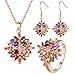 BAMOER 18K Rose Gold Plated Multicolor Cubic Zirconia Flower Earrings Necklace Ring Set for Women Girls CZ Jewelry Sets Size 7 Ring