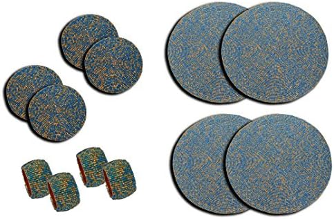 DakshCraftSky Blue & Golden Beaded Placemat/Tablemat(Dia - 12") with Tea Cup Coaster(Dia - 4") and Napkin Rings, Set of 4, Decorative Item, Gifts Purpose & Dining Accessories