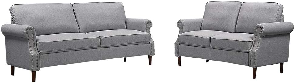 LTTROMAT, Gray Living Sets, 2+3Modern Classic Linen Love Seat with Soft Up Holstered Sofa for Livingroom, L:76.3”W:30.7”H: 33.8