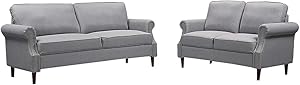 LTTROMAT, Gray Living Sets, 2+3Modern Classic Linen Love Seat with Soft Up Holstered Sofa for Livingroom, L:76.3”W:30.7”H: 33.8