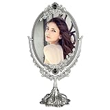 KINGFOM™ Antique Two Sided Swivel Oval Desktop Vanity Makeup Mirror with Embossed Roses and Mounted Beads for Home, Jewelry or Watches Cosmetics Showcase (Antique Pewter, Standard)