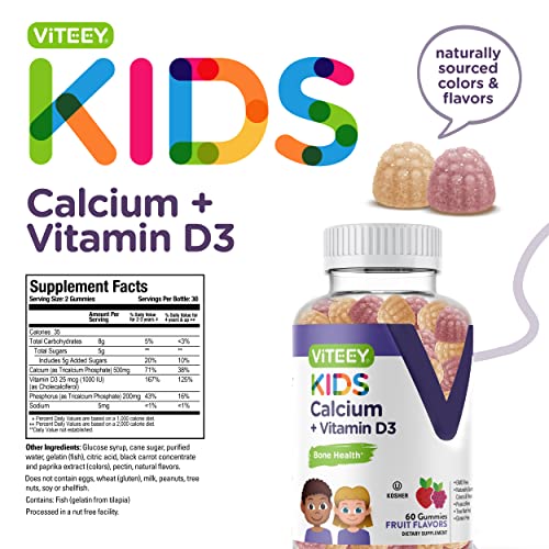 KIDS CALCIUM GUMMIES WITH VITAMIN D3 – SUPPORTS BONE HEALTH & TOOTH HEALTH – NATURALLY SOURCED CALCIUM 500MG PLUS VITAMIN D3 1000IU – GLUTEN FREE, GMO FREE – TASTY CHEWABLE FRUIT FLAVORED GUMMY