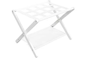 Purbambo Luggage Rack for Guest Room, Folding Suitcase Stand with Storage Shelf, Heavy-Duty Bamboo Frame and Nylon Straps, Foldable Luggage Holder for Home, Bedroom, or Hotel - White