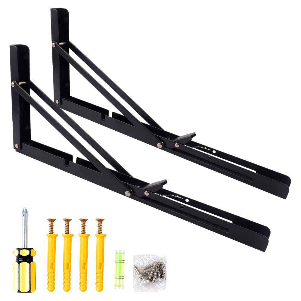 Oudtinx 2PCS Folding Shelf Brackets,Heavy Duty Triangle Shelf Bracket for Bench Table,Wall Mounted Standing Shelf Brackets for Saving Place,Multi Size 16" Black