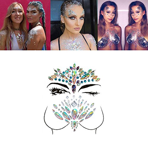 Face Gems, Ynredee 2 Set Women Mermaid Rave Festival Glitter, Rhinestone Temporary Tattoo Face Jewels Crystals Face Stickers Eyebrow Face Body Jewelry (Breast and Face 2)