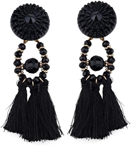 Thefoud Women Fashion Rhinestone Long Tassel Dangle Earrings Fringe Drop Earrings (Black)