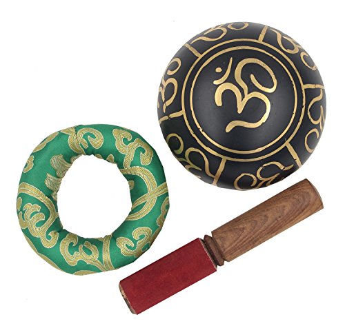 DharmaObjects Relaxing Yoga Meditation Om Peace Singing Bowl / Silk Cushion / Rosewood Mallet Set (Medium, Black)
