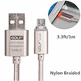 Smart Cable, Smilism 1pcs 3.3ft Nylon Braided USB Cable High Speed A Male to Micro B Aluminum Connectors Light Up Charging Cable for for Android, Samsung, HTC, And More (Sliver)