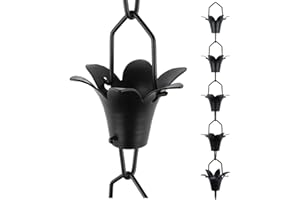 Rain Chains by JASINC 8.5 ft Lily Cups Black Powder Coated Aluminum, to Replace Roof Gutter Downspout, with Installation Kit, Rainwater Catcher/Water Diverter, JAS4001BLK