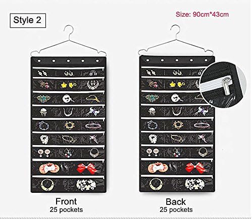 Stella Reina 50 Pockets Oxford Hang Up Jewelry Organizer with Stainless Steel Zipper & Hanger Black Jewelry Storage Suitcase Bag