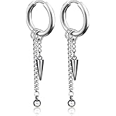 Xusamss Punk Jewelry Stainless Steel Huggie Hinged Earrings Spike Long Chain Dangle Drop Hoop Earrings