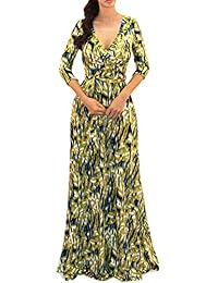 Vivicastle - Vestido largo con cuello en V para mujer, manga 3 4, cintura sintética, estampado