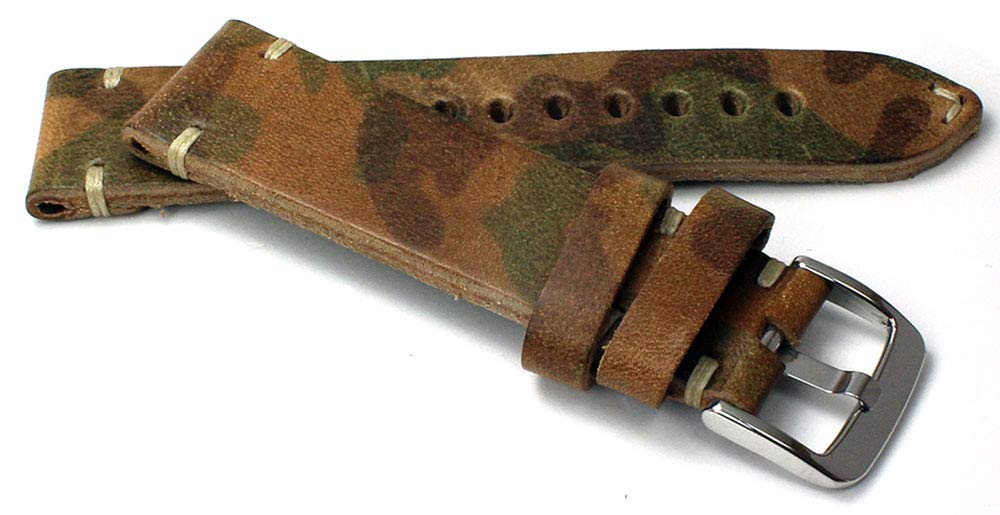 Sulla RIOS1931 German Handmade Leather Strap White Stitching Retro Look Camouflage Colour 22 mm, 22 mm, Retro