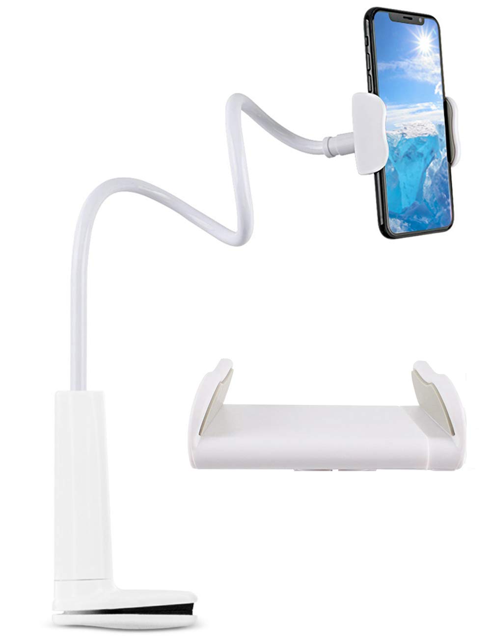 RSYR Gooseneck Cell Phone Holder,Adjustable Phone Holder Mount,Long Arm Bed Desk Bracket Compatible with Smartphones, Max Width 3in, Overall Length 28.7in (White)