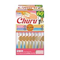 INABA Salmon Churu Cat Treats, Lickable, Squeezable Creamy Purée Cat Treat with Green Tea Extract & Taurine, 0.5 Ounces Each Tube, 60 Tubes, Salmon Variety Box