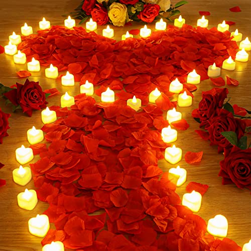 Photo 1 of Coume 6000 Pieces Artificial Rose Petal with 72 Pieces LED Tea Lights Candle Romantic Rose Petal Heart Candle for Romantic Night Proposal Wedding Anniversary Decor(Warm White Light)