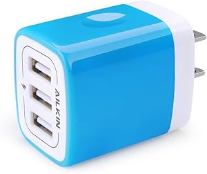 USB Charger Multi Port, Ailkin Micro USB Charger Charging Block USB Wall Plug Travel Charger Outlet Fast Charger Brick USB Charging Block Compatible iPhone iPad, iPhone, and iWatch (Blue/3Port)